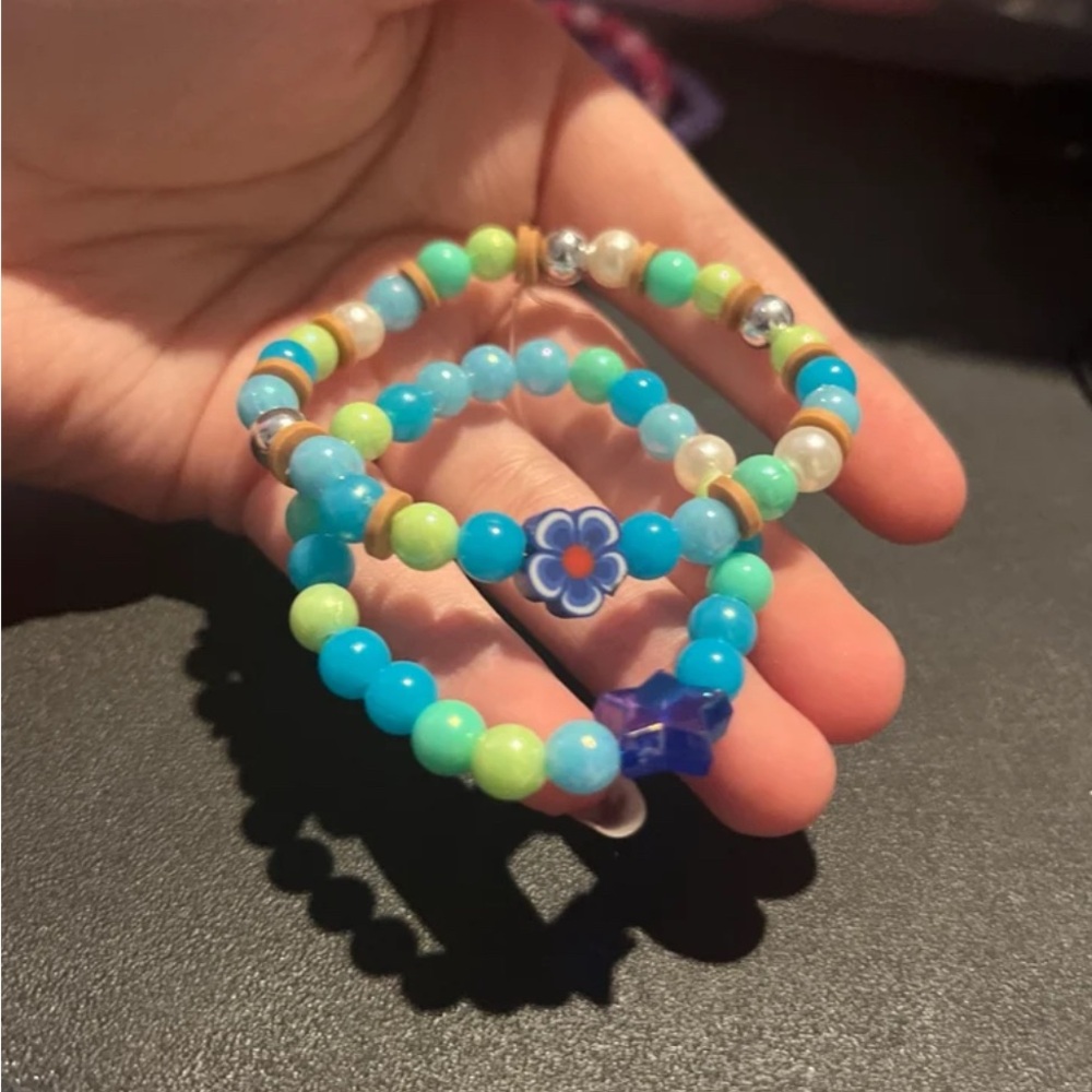 Blue and Green Beaded Elastic Aqua Bracelets